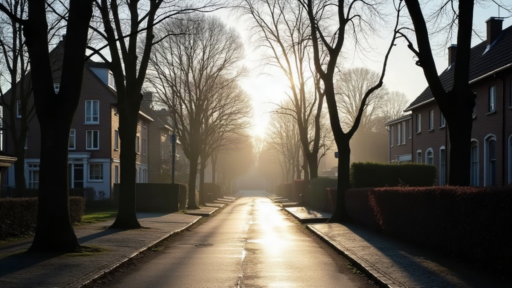 Een straat in Nederland in november, met laag zonlicht tussen kale bomen